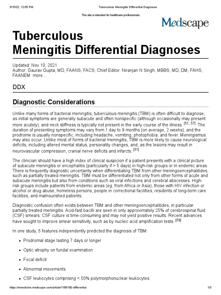 Tuberculous Meningitis Differential Diagnoses PDF Meningitis