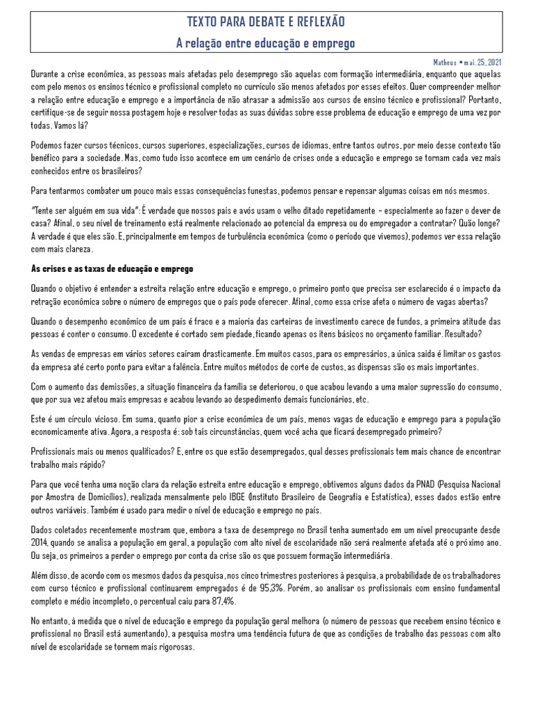 TEXTO PARA DEBATE E REFLEXÃO | PDF | Economia | Emprego