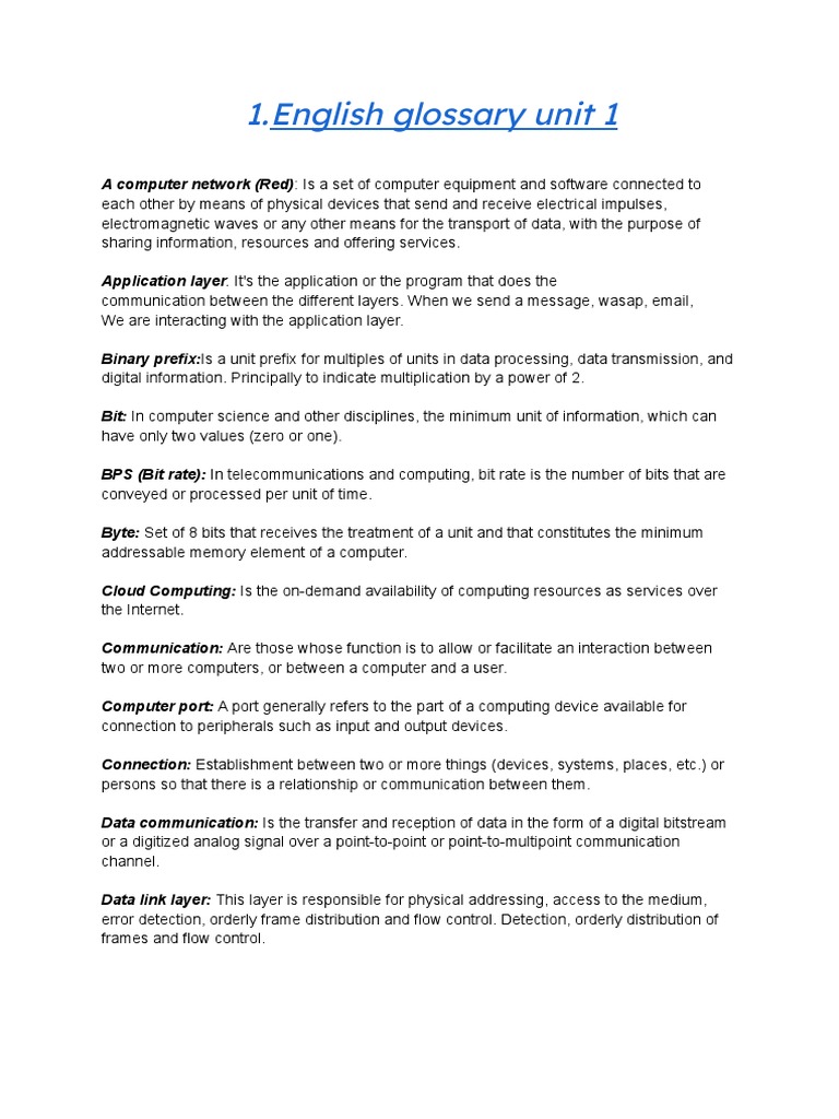 English Glossary Unit 1 PDF Computer Network