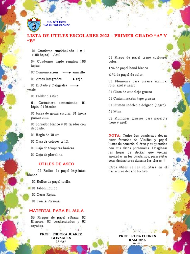 Lista de Utiles Escolares 2023 | PDF