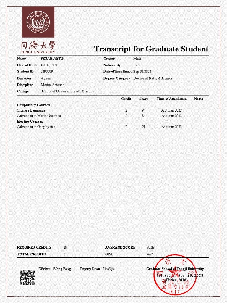 Graduate Transcript: Pegah Abtin, Marine Science | PDF