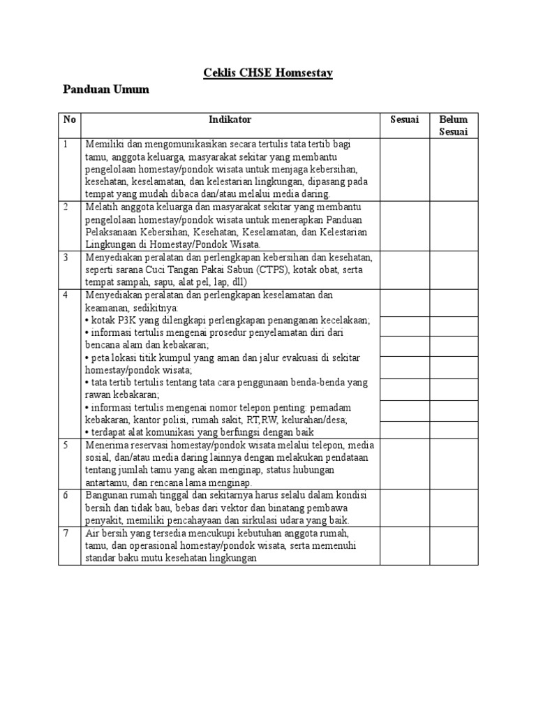 Form Ceklis CHSE Homestay | PDF | Pengembangan Diri | Kesehatan Holistik