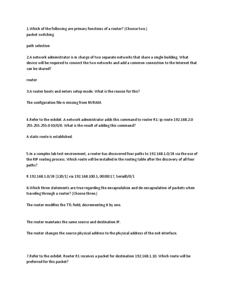 Which of the Following Are Primary Functions of a Router Router