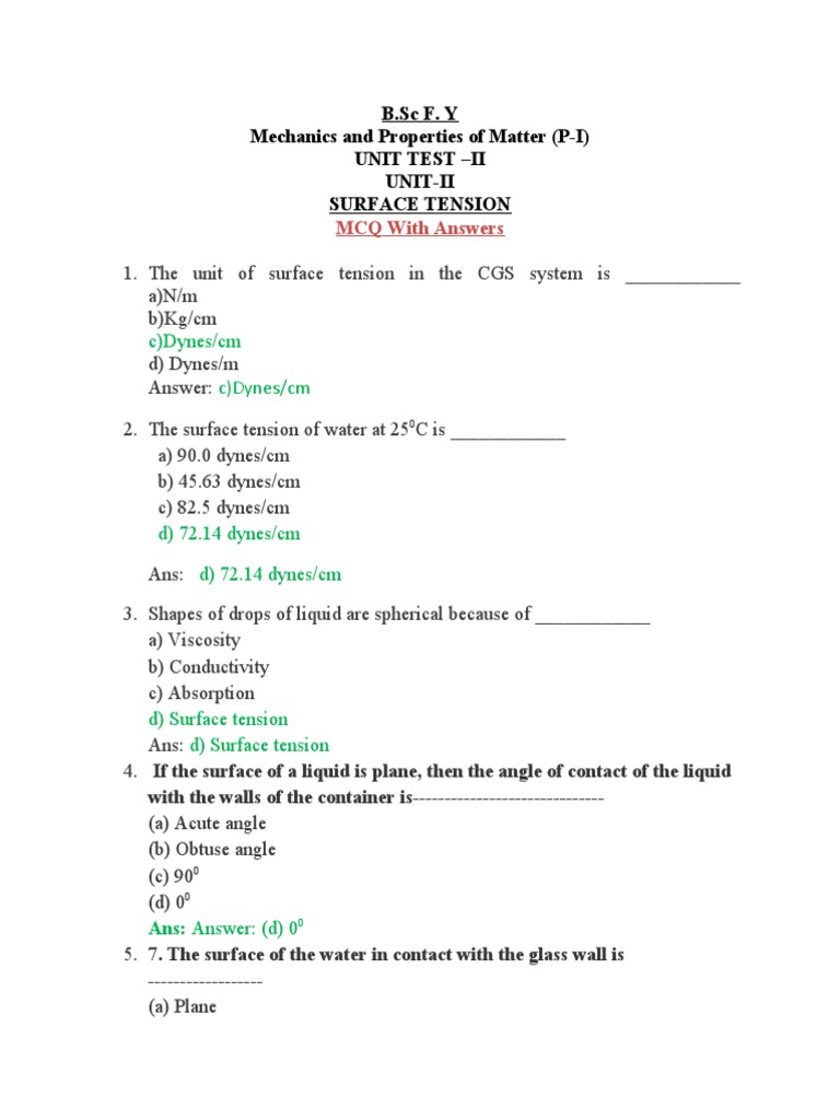 MCQ and Ans On Surface Tention PDF Surface Tension Density