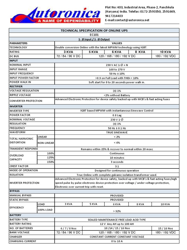 UPS 5 KVA Technical Specifications | PDF | Power Inverter | Power Supply