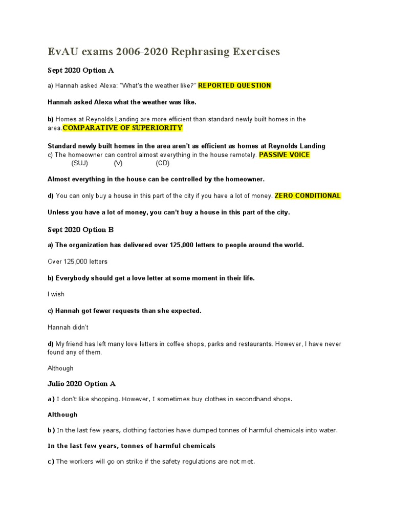 EvAU Exams 2006-2020 Rephrasing Exercises PDF | PDF | Tobacco Smoking ...