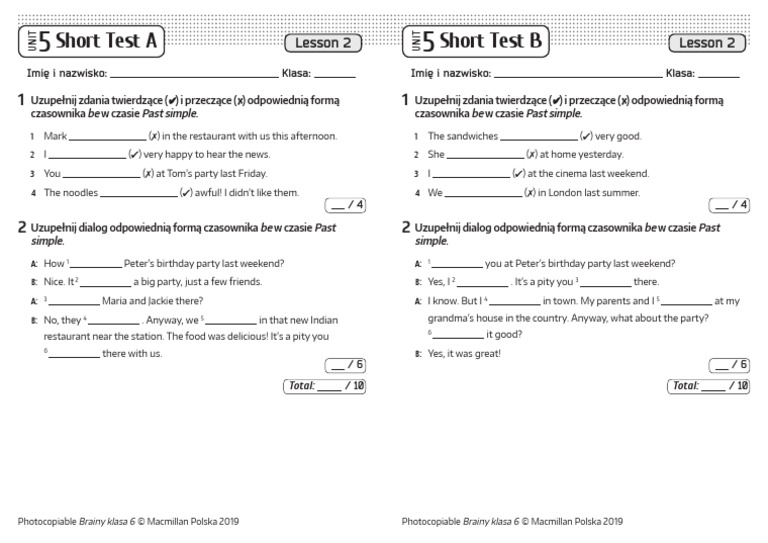 Brainy Klasa 5 Unit 6 Test Brainy kl6 Short Tests Unit 5 Lesson 2 PDF | PDF