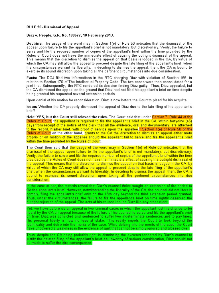 Rule 50: Discretion in Appeal Dismissals | PDF | Brief (Law) | Appeal