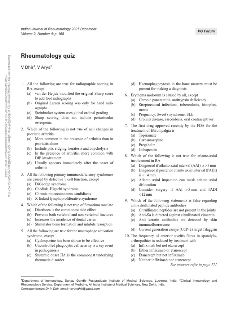 Rheumatology Quiz.8 PDF Medical Specialties Clinical Medicine