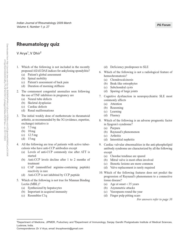 Rheumatology Quiz.8 PDF Rheumatology Rheumatoid Arthritis