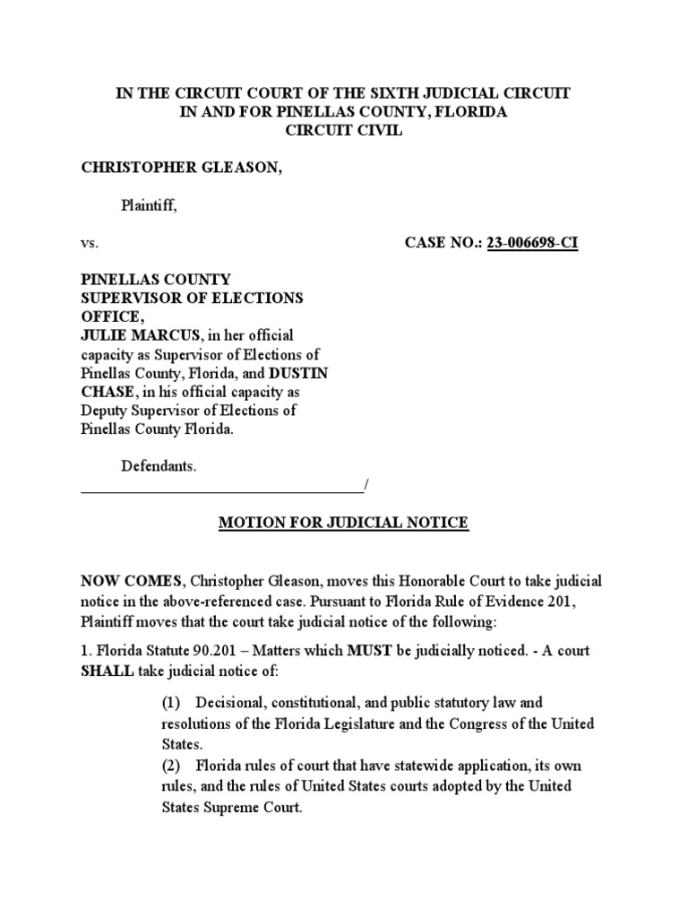 Pinellas County Motion For Judicial Notice Gleason Vs Pinellas County Pinellas County Motion For Judicial Notice Gleason Vs Pinellas County