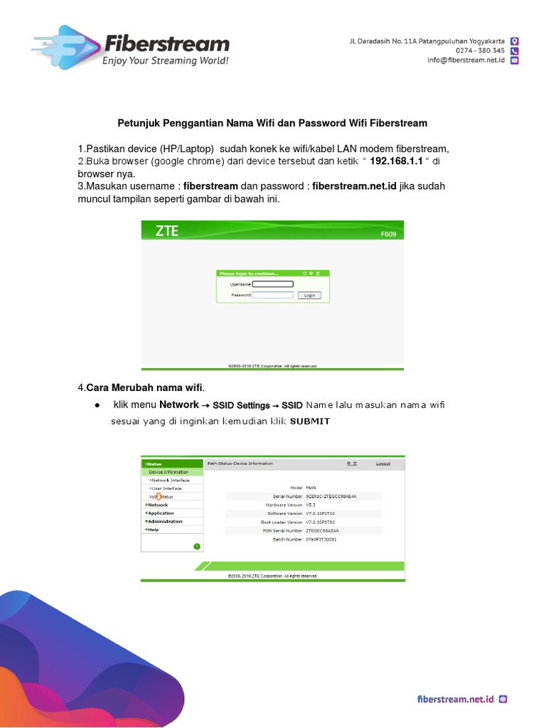 Panduan Ganti Nama dan Password Wifi Fiberstream | PDF
