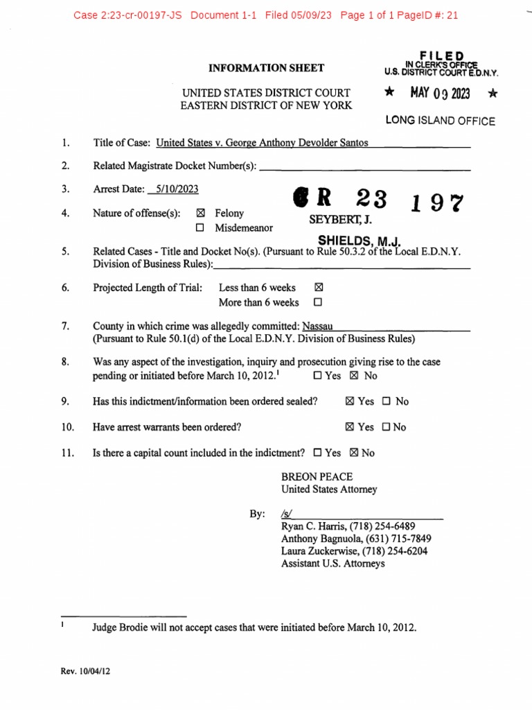 Santos, George - Info Sheet For Arrest | PDF | Indictment | Arrest