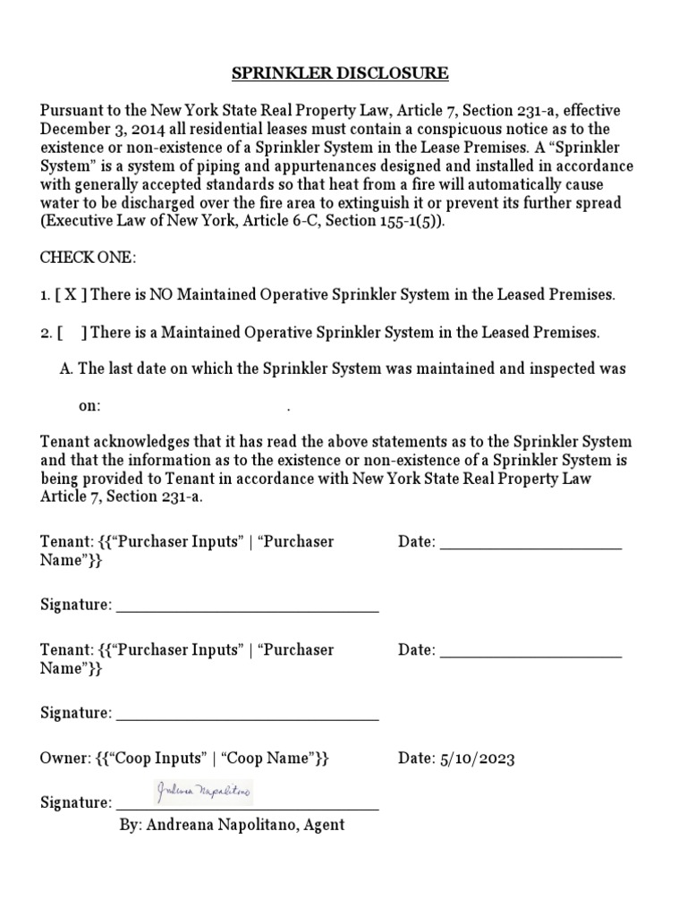 Sprinkler System Disclosure Lease Rider | PDF