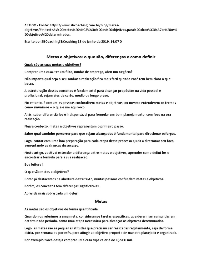 ARTIGO 1 - Metas e Objetivos o Que São, Diferenças e Como Definir | PDF ...