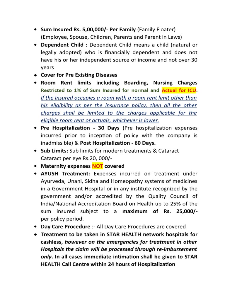 Star Health Family Floater Policy Details | PDF | Hospital | Health Care