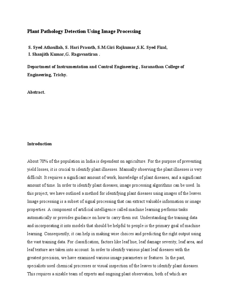 Plant Pathology Detection Using Image Processing Journal Paper PDF
