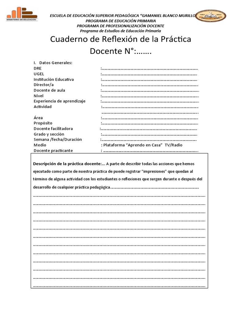 Esquema Sugerido Del Cuaderno de Reflexión de La Práctica Docente 2023 ...