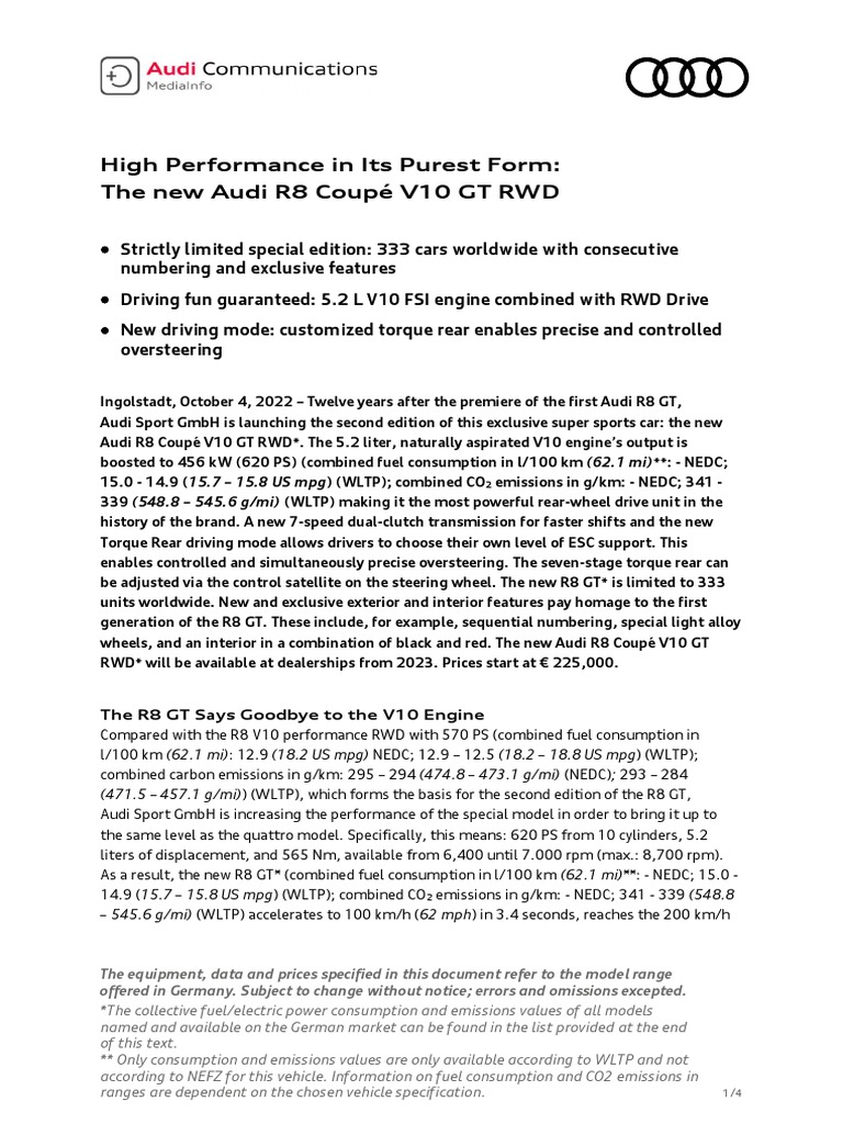 MI Audi R8 V10 GT RWD EN PDF Fuel Economy In Automobiles Audi