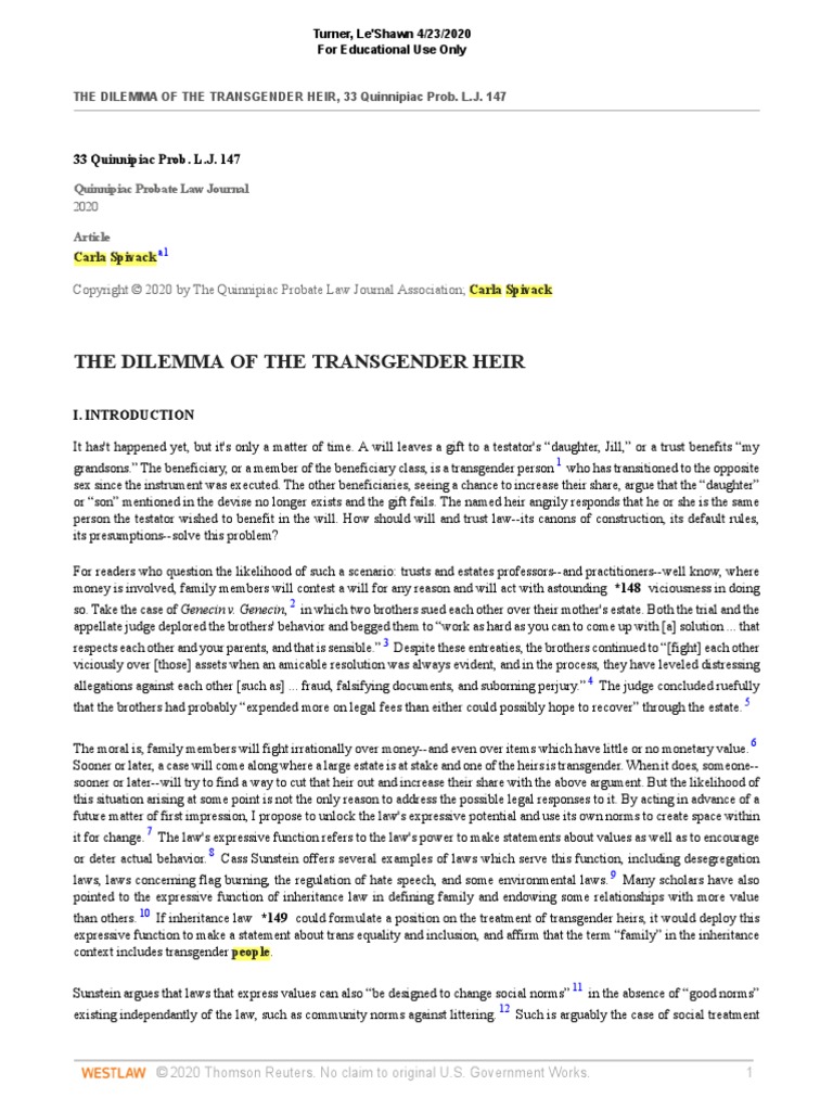 THE DILEMMA OF THE TRANSGENDER HEIR - Spivack PDF | PDF | Will And ...
