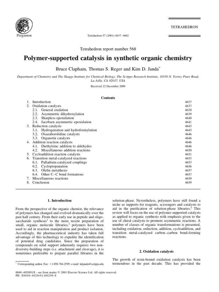 PolymerSupported Catalysis in Synthetic Organic Chemistry, Clapham Et