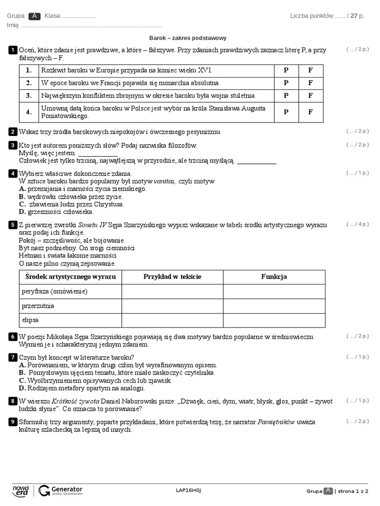 Sprawdzian Z Trygonometrii Liceum Zakres Podstawowy Barok Zakres Podstawowy Test Z Widoczna Punktacja | PDF
