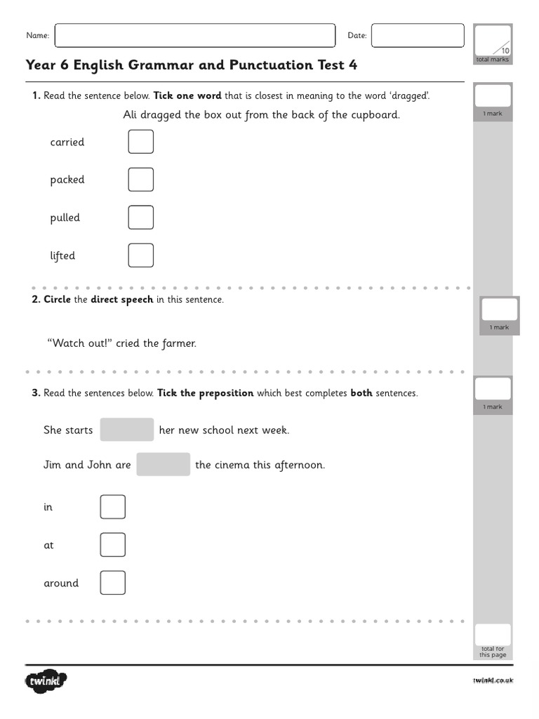 Year 6 Grammar & Punctuation Test 4 | PDF | English Grammar | English ...