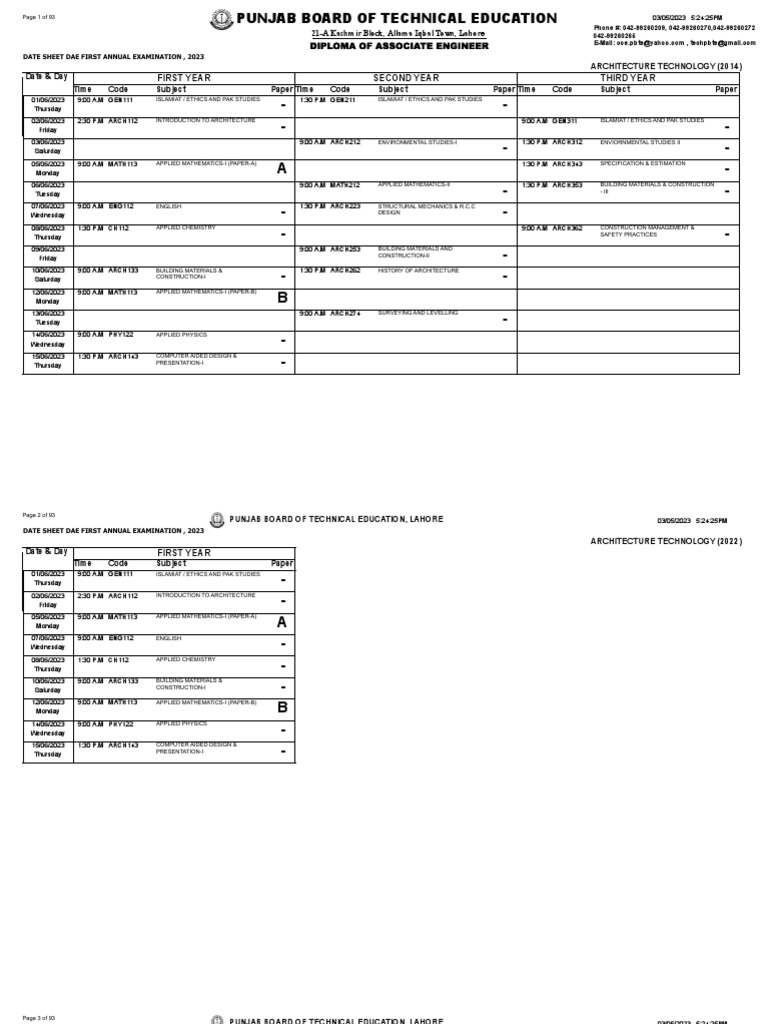Date Sheet Dae 1st 2nd 3rd Year A 2023 Theory PDF | PDF | Engineering ...