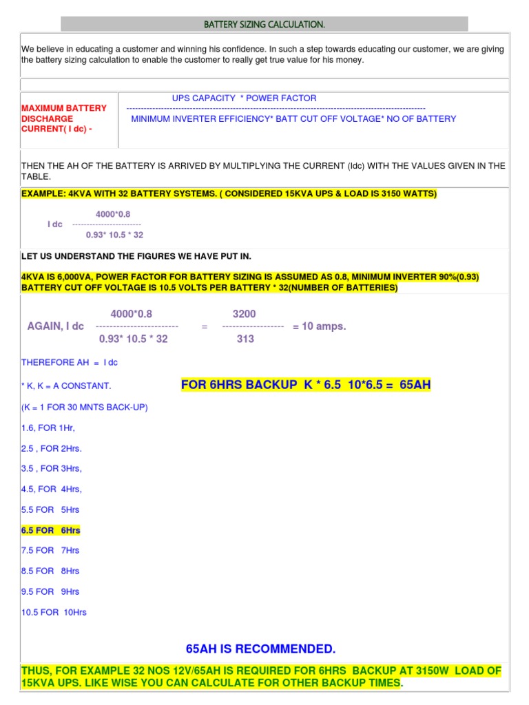 BATTERY SIZING CALCULATION15KVA UPS (3150 WATTS FOR 6HRS) PDF