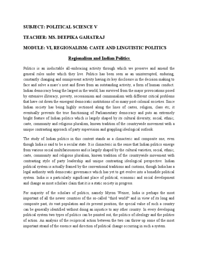 Caste and Regionalism in Indian Politics | PDF | Democracy | Political ...