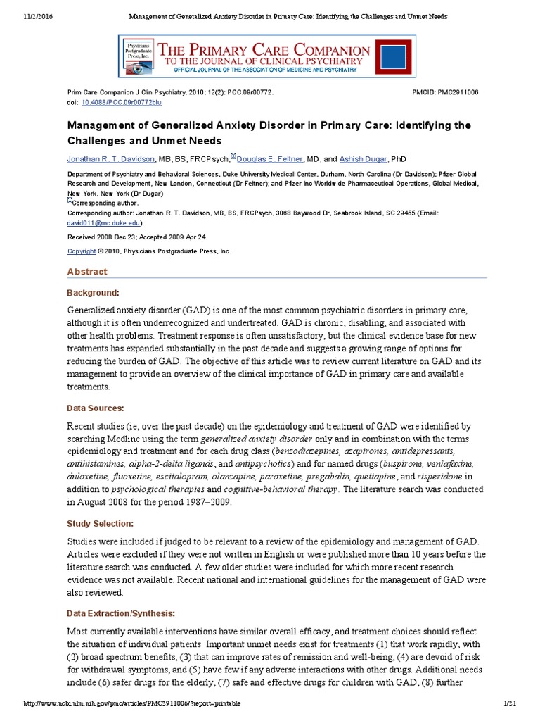 Management of Generalized Anxiety Disorder in Primary Care ...