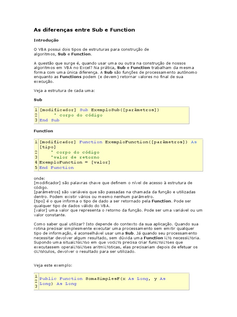 Diferenças entre Sub e Function no VBA | PDF | Algoritmos | Macro ...