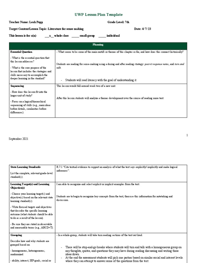 UWP Literature Lesson Plan for 7th Grade | PDF | Lesson Plan ...