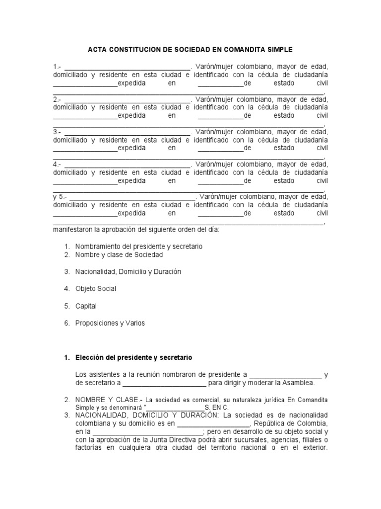 Acta Constitucion de Sociedad en Comandita Simple | PDF