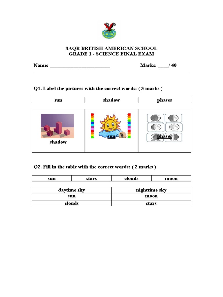 Grade 1 Science Final Exam With Answers | PDF | Teaching Methods ...