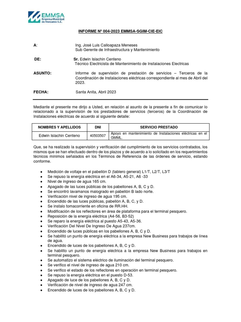 Formato de Informe Electricistas | PDF | Electricidad | Ingenieria ...