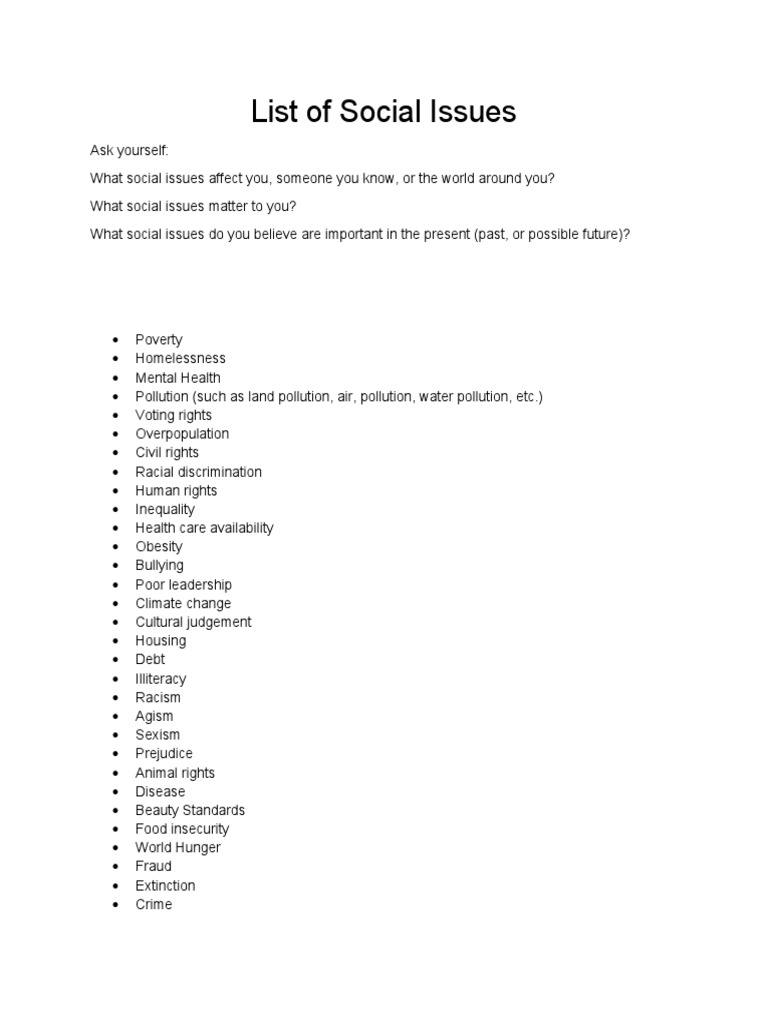 List of Social Issues and Big Ideas Handout PDF
