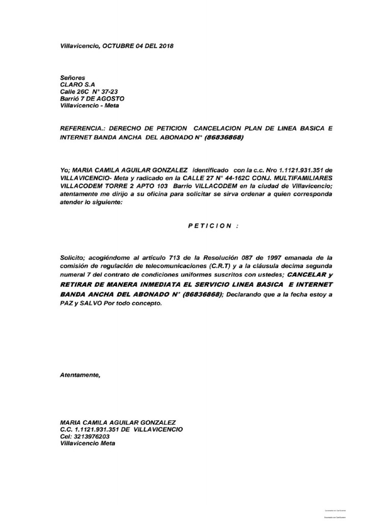 CARTA DE CANCELACION Movistar PDF