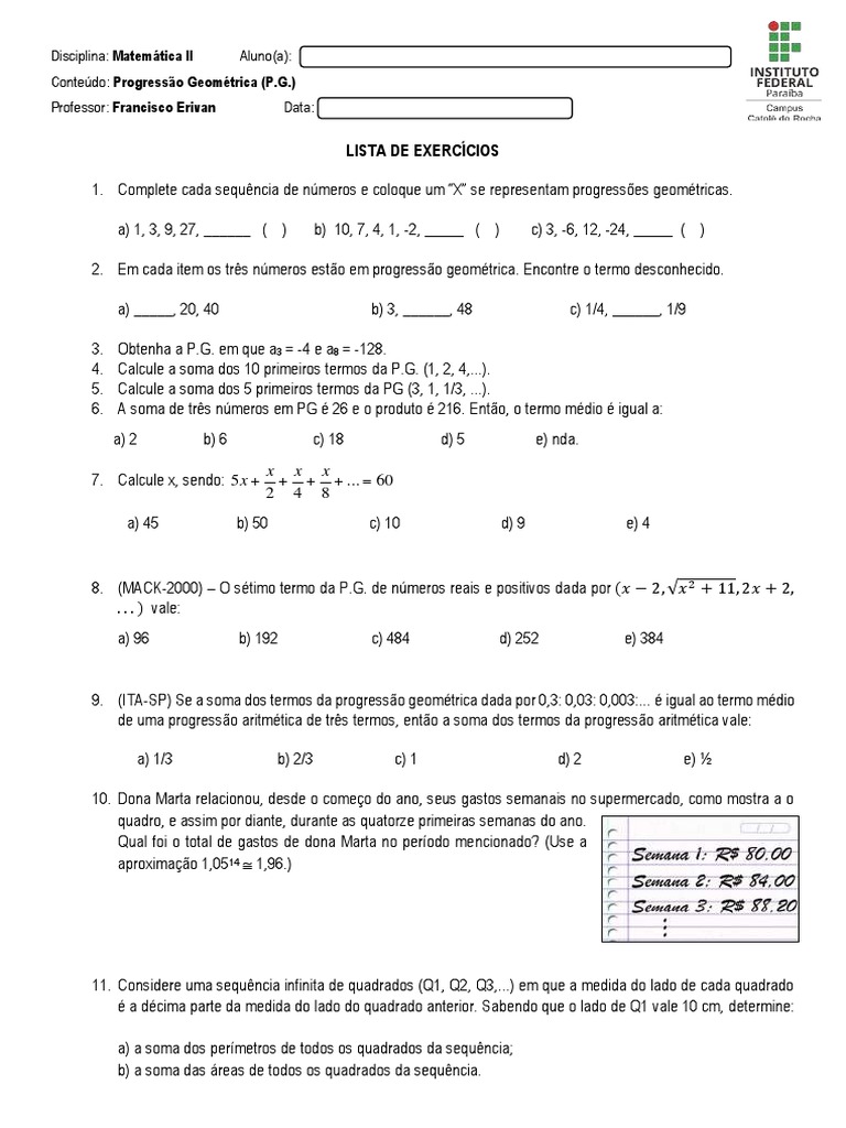 Lista de exercícios - Progressão Geométrica | PDF | Triângulo | Fractal
