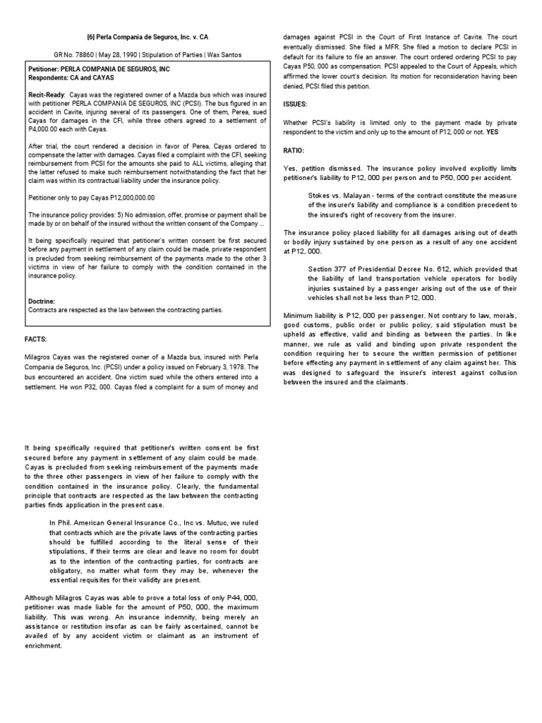 Perla Compania v. CA: Insurance Liability Case | PDF | Insurance | Lawsuit