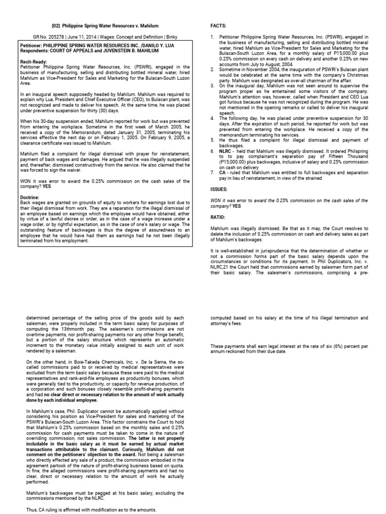 Mahilum vs. Philippine Spring Water Case | PDF | Salary | Employment