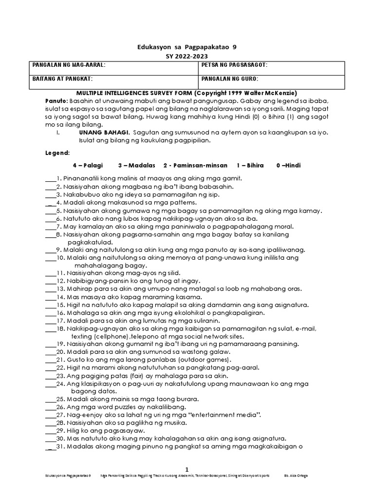 Multiple Intelligences Test Printable