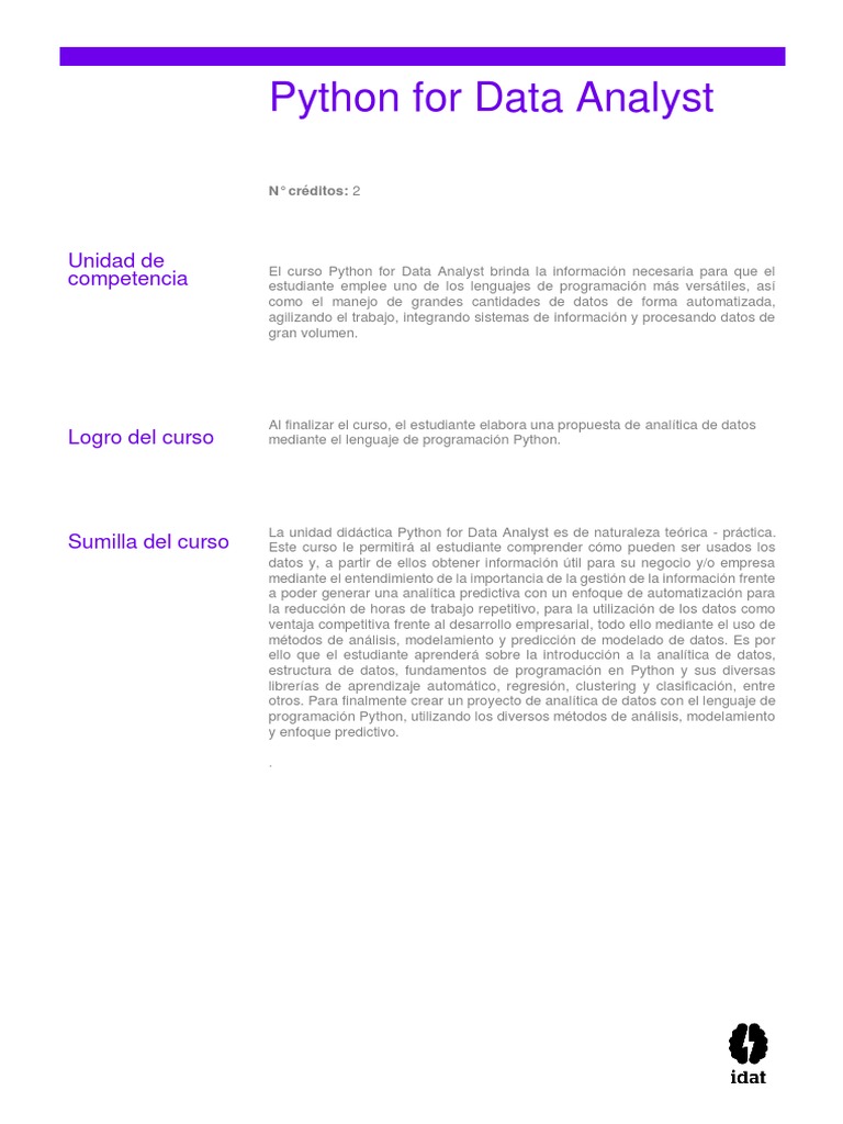 SILABO Python For Data Analyst PDF Descargar gratis PDF