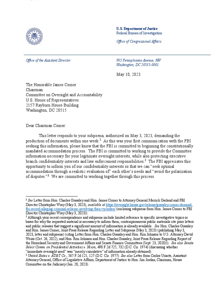 FBI Response To Subpoena 2023 05 10 PDF Federal Bureau Of