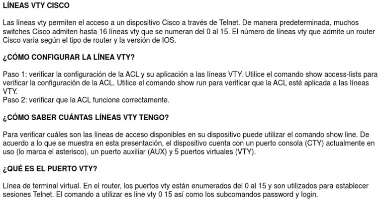 Líneas VTY en Dispositivos Cisco | PDF | Informática | Tecnología