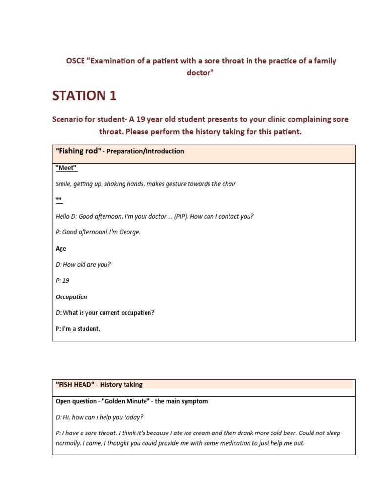 OSCE SORE THROAT FISH SCHEME For 3rd Years PDF Physical Examination