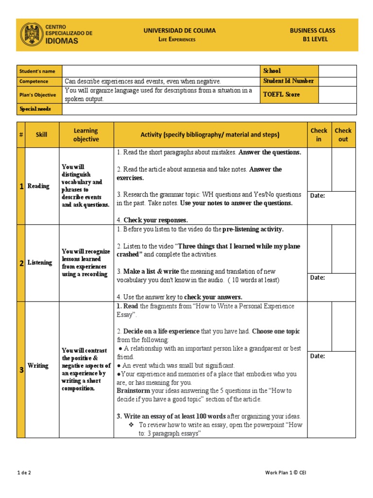 B1 Plan 1. Life Experiences PDF | PDF | Question | Experience