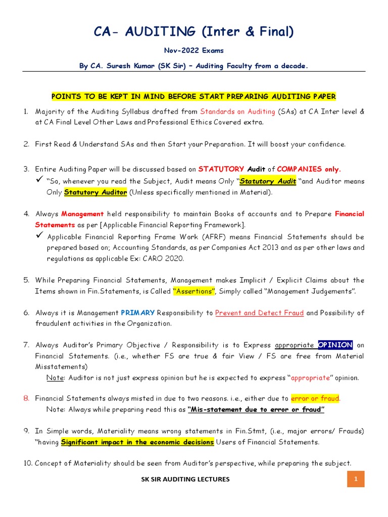 Auditing Points To Be Noted Before Preparation PDF PDF Financial