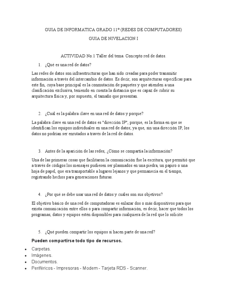 Guia De Informatica 1 Grado 11 Pdf Red De Computadoras