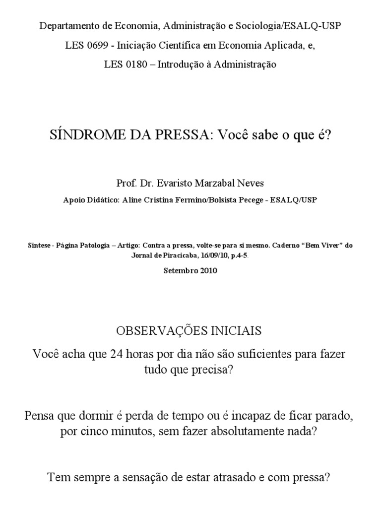 Sindrome Da Pressa | PDF | Ansiedade | Psicologia